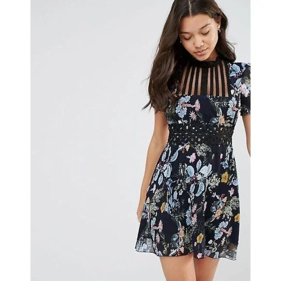 Foxiedox Dresses | Foxiedox Blue Dainty Floral Pleated Chiffon Mini Dress | Color: Blue/Pink | Size: Xs